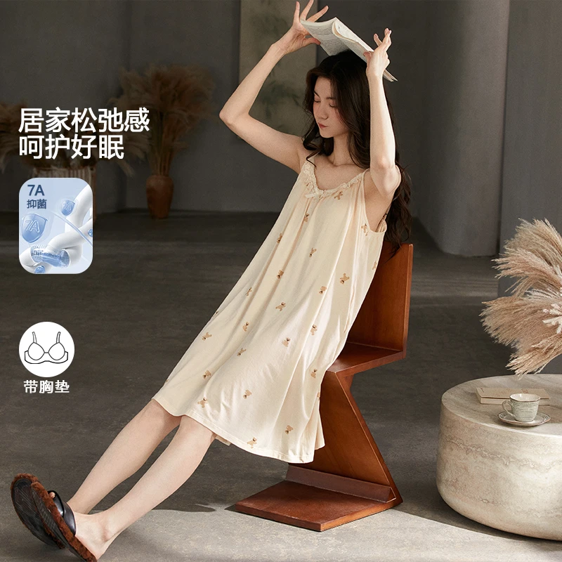 氧时间带胸垫睡裙女春夏季纯棉2025吊带甜美薄款卡通连衣裙家居服