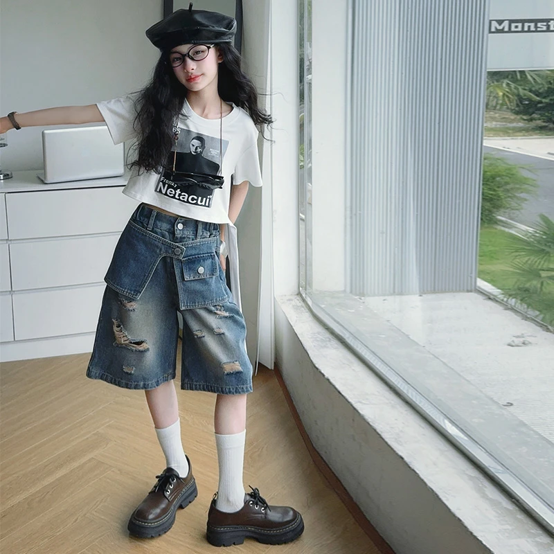 女童腰封设计裤子夏季2025新款儿童中裤飘带短袖T恤中大童牛仔裤8