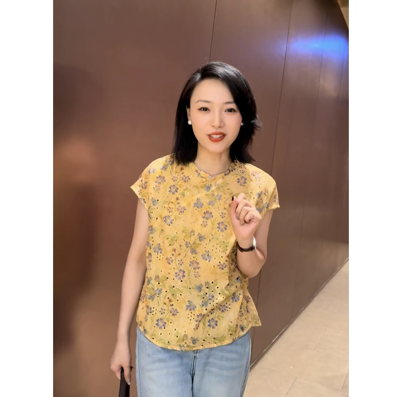 新中式黄色圆领短袖衬衫2025夏款国风重工刺绣提花T恤上衣女25138