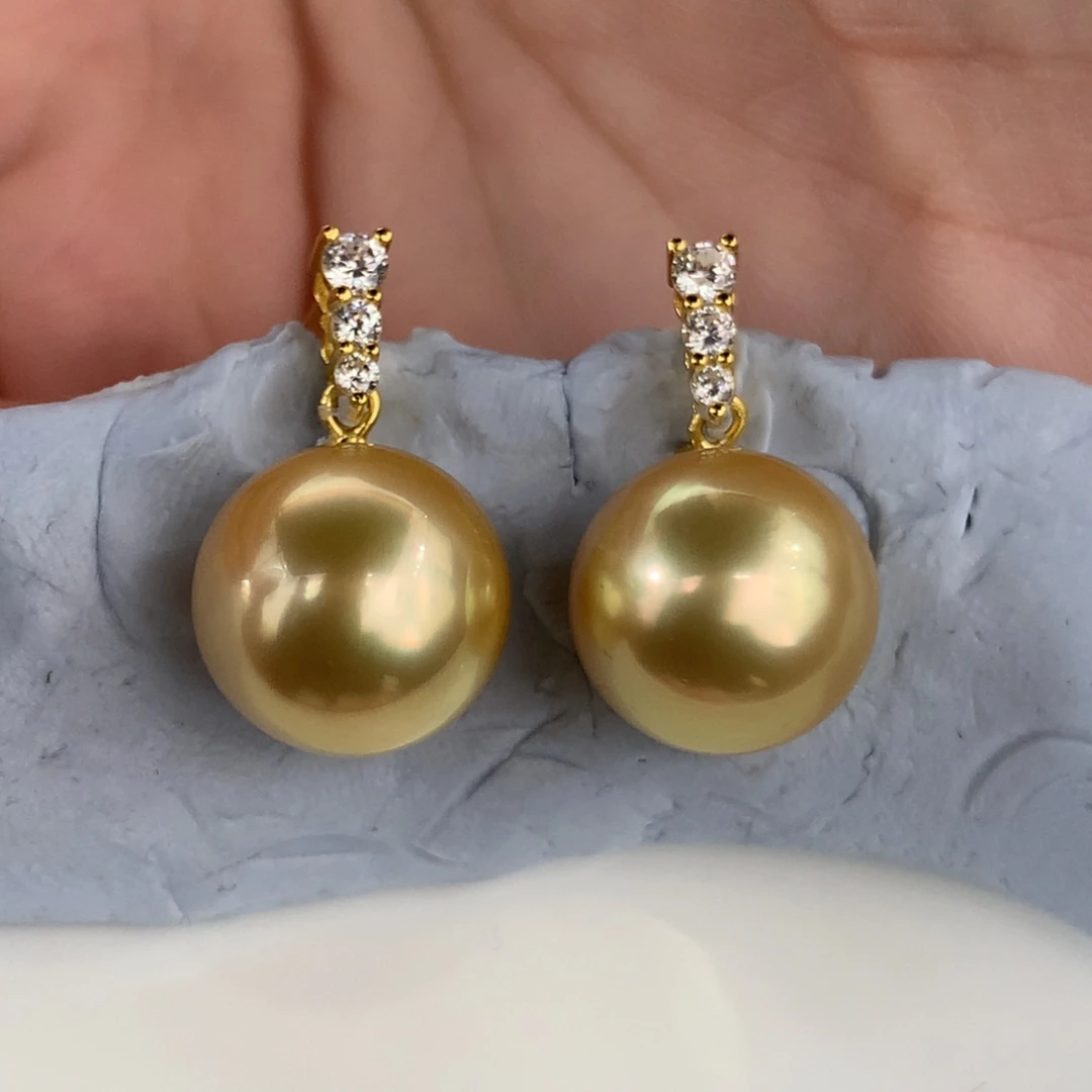 定制海水珍珠银S925镶嵌耳饰南洋金珠浓金珠11-12mm正圆无瑕