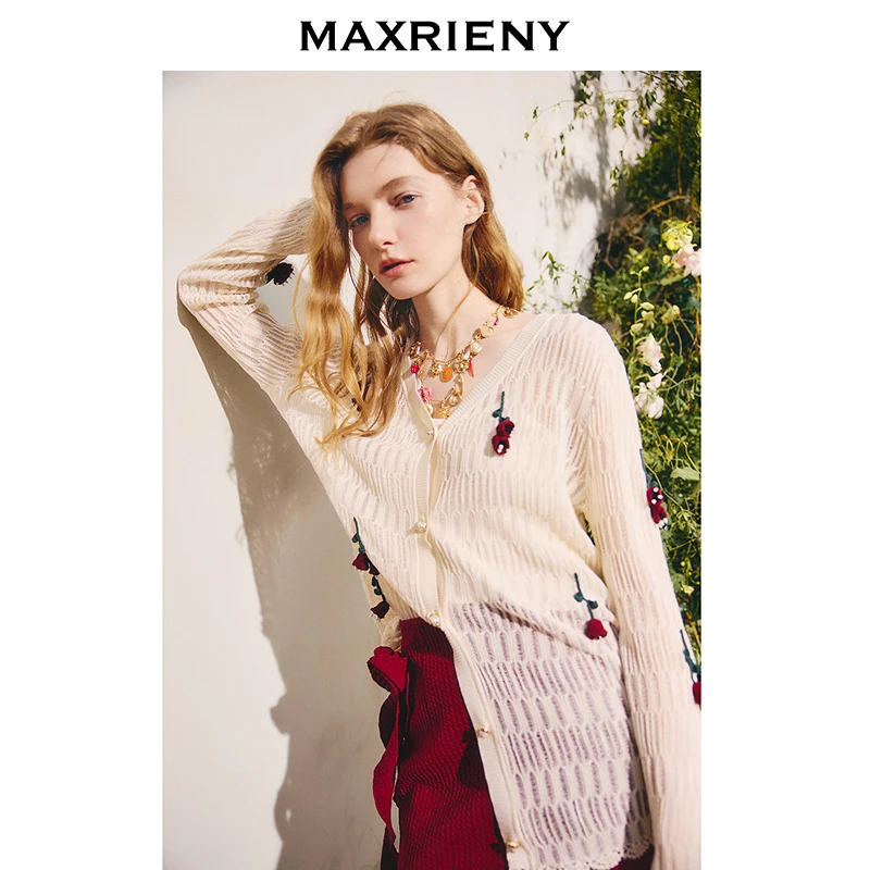 【李依晓同款】MAXRIENY波西米亚风V领镂空钩花针织外套25秋开衫