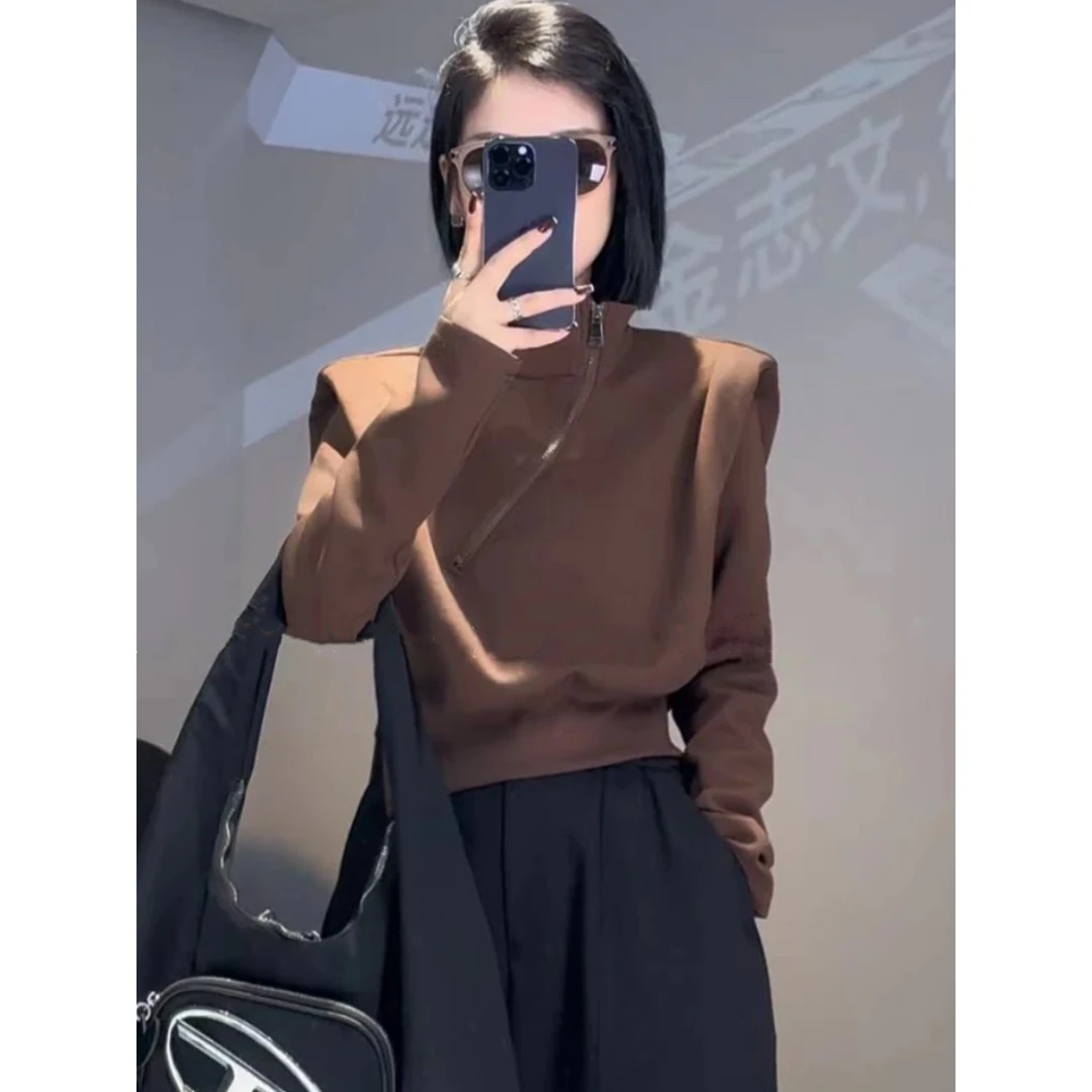 欧货秋季设计感小众斜拉链半高领卫衣女小个子时尚洋气长袖短上衣