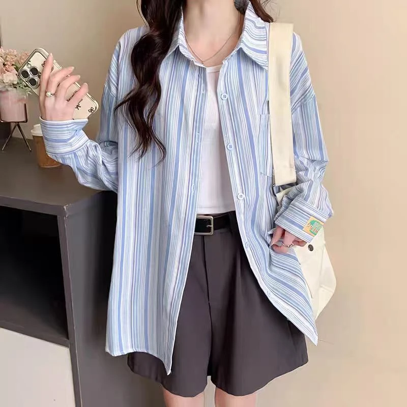 夏季条纹长袖防晒衬衫外套女秋季新款宽松百搭休闲上衣潮polo领潮