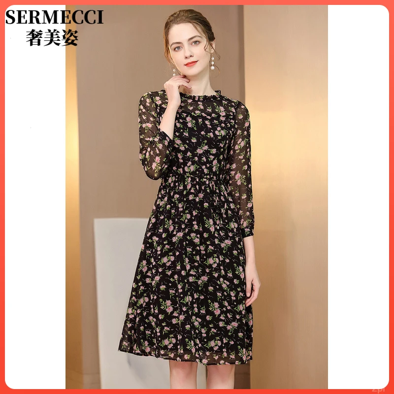 奢美姿碎花长袖女士高端时尚秋季洋装新款贵夫人洋派减龄显瘦裙子