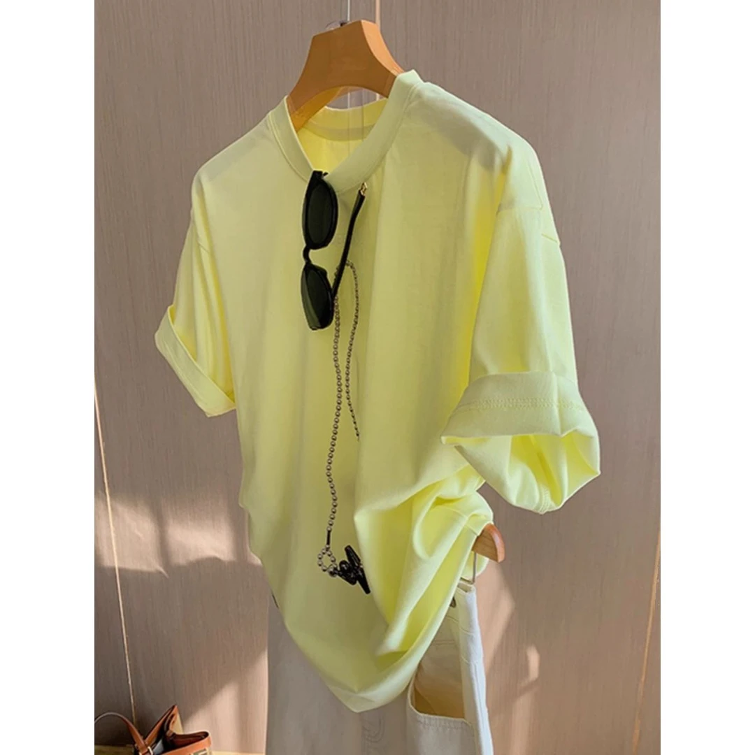今年流行正肩奶黄色短袖T恤女夏季设计感减龄百搭基础上衣ins