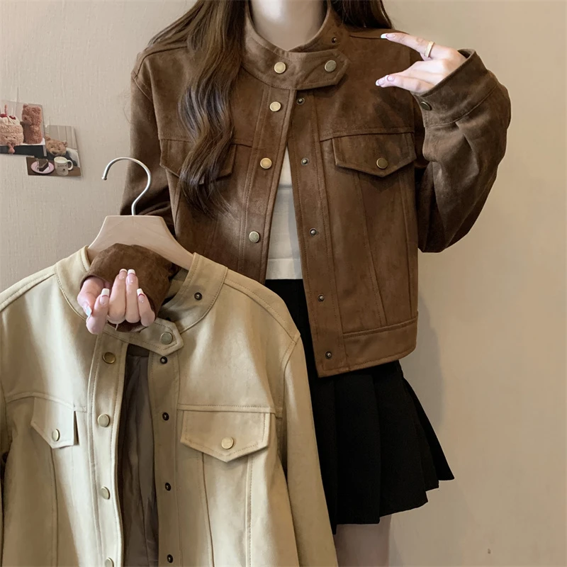 大码秋冬新款韩版设计感鹿皮绒宽松显瘦短款长袖夹克外套女