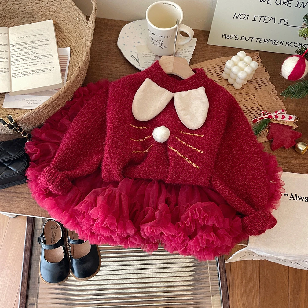 女童秋冬套装2025新款宝宝冬季红色针织毛衣女孩保暖儿童过年衣服