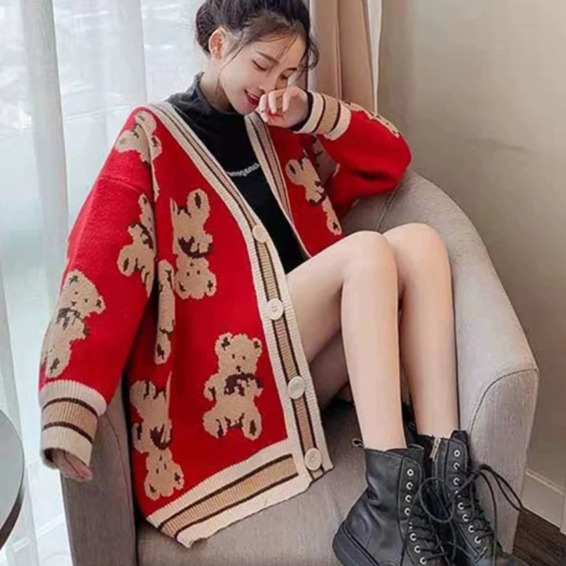 小熊针织开衫女秋冬欧货宽松慵懒风外搭复古撞色毛衣外套 1001