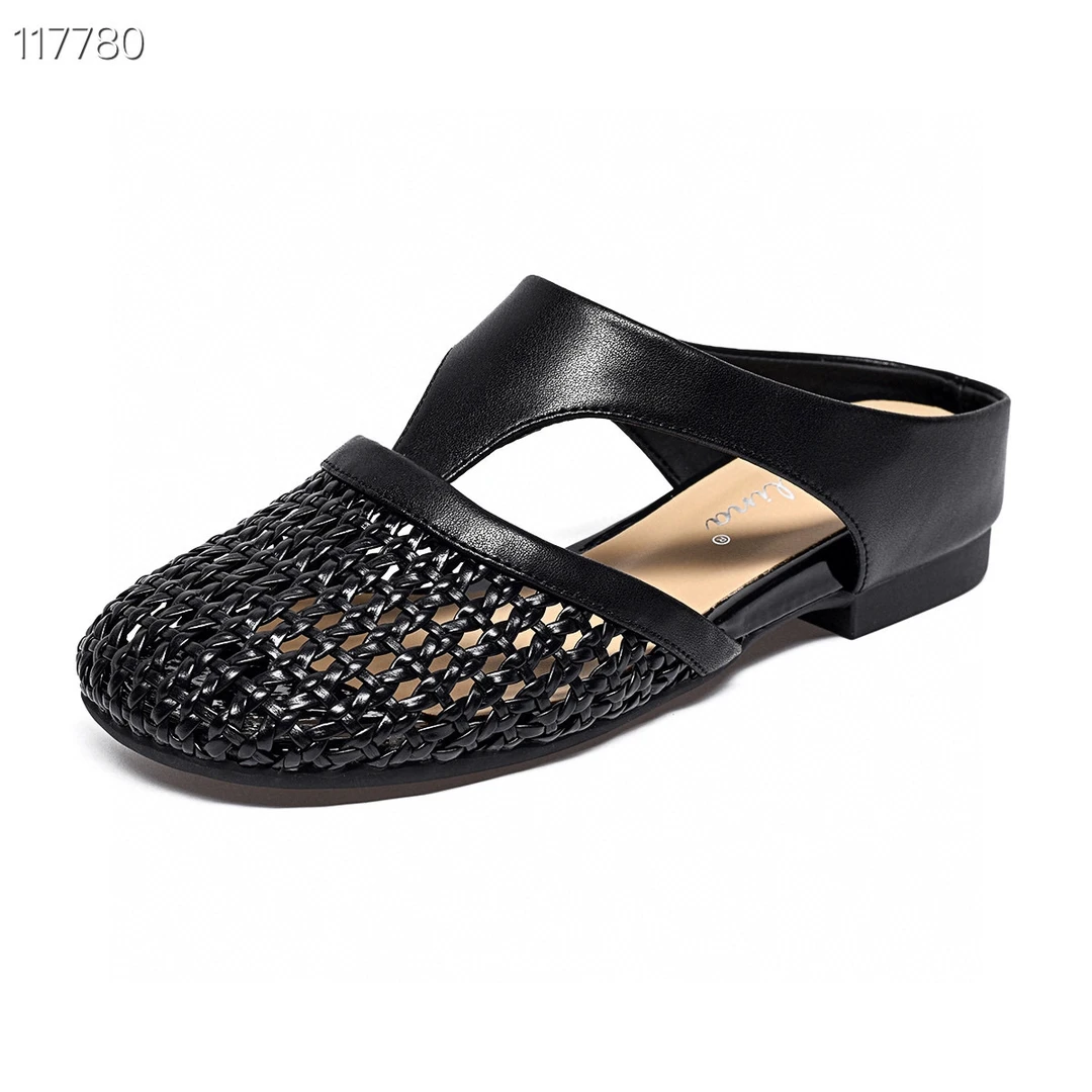 夏季新款网面编织英伦风包头低跟拖凉鞋半拖洞洞鞋