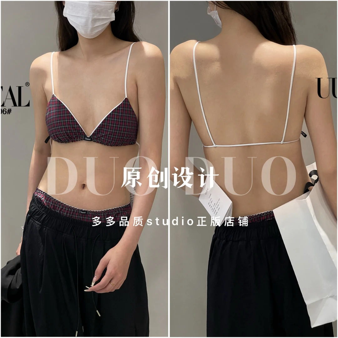 新款薄款三角杯撞色设计无钢圈英伦格子学院风性感美背内衣文胸