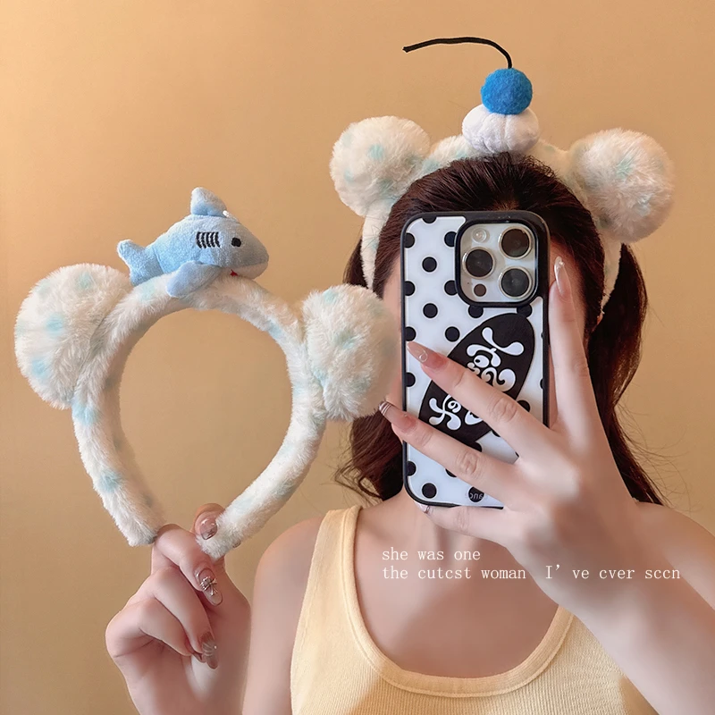 可爱小熊耳朵毛绒鲨鱼发箍新款蓝色波点洗脸敷面膜头箍发饰爆款