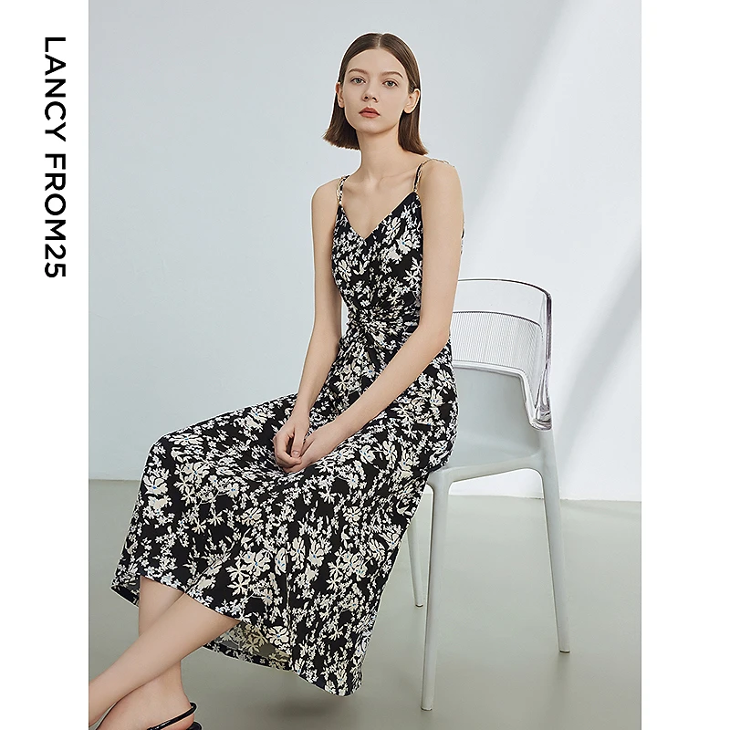 朗姿碎花吊带法式裙子夏季女装2024新款高级感气质收腰吊带连衣裙
