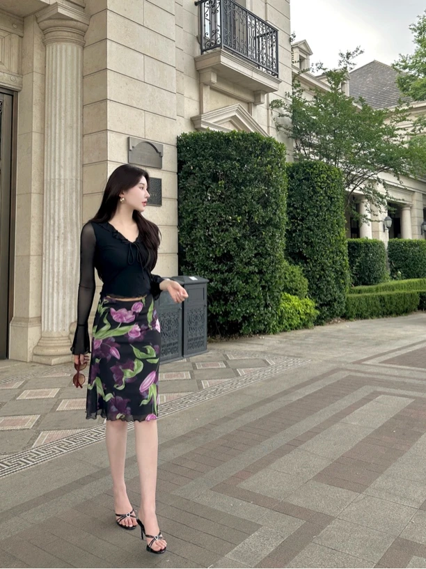 DIDI 定制 魅力气质女人味套装 黑色网纱防晒上衣 ➕紫花半身裙