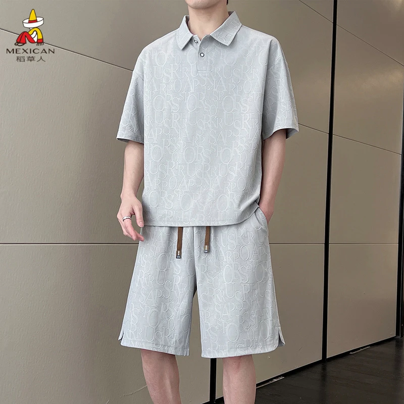 Mexican/稻草人夏季潮流简约套装短袖POLO衫男士男装两件套休闲