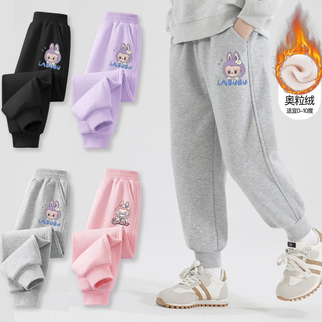 女童加绒裤子冬季儿童加绒运动裤女孩卡通兔子一体绒卫裤厚运动裤
