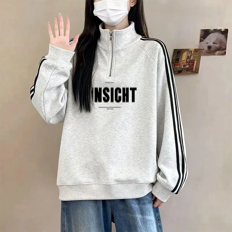 加绒加厚卫衣女设计感ins潮流新款三条杠半拉链立领宽松休闲外穿