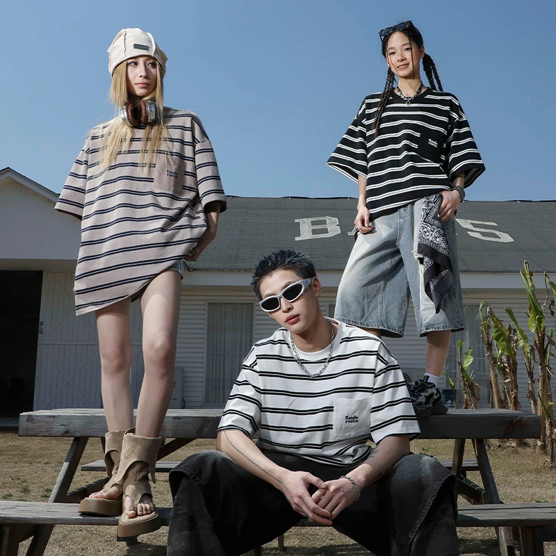 MANYSTON 美式高街条纹短袖T恤男生款夏季潮牌情侣装纯棉半袖体恤