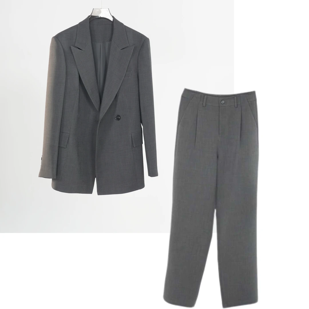 【飒姐冷灰格调】2025秋季新款气质百搭宽松西装收腰显瘦套装