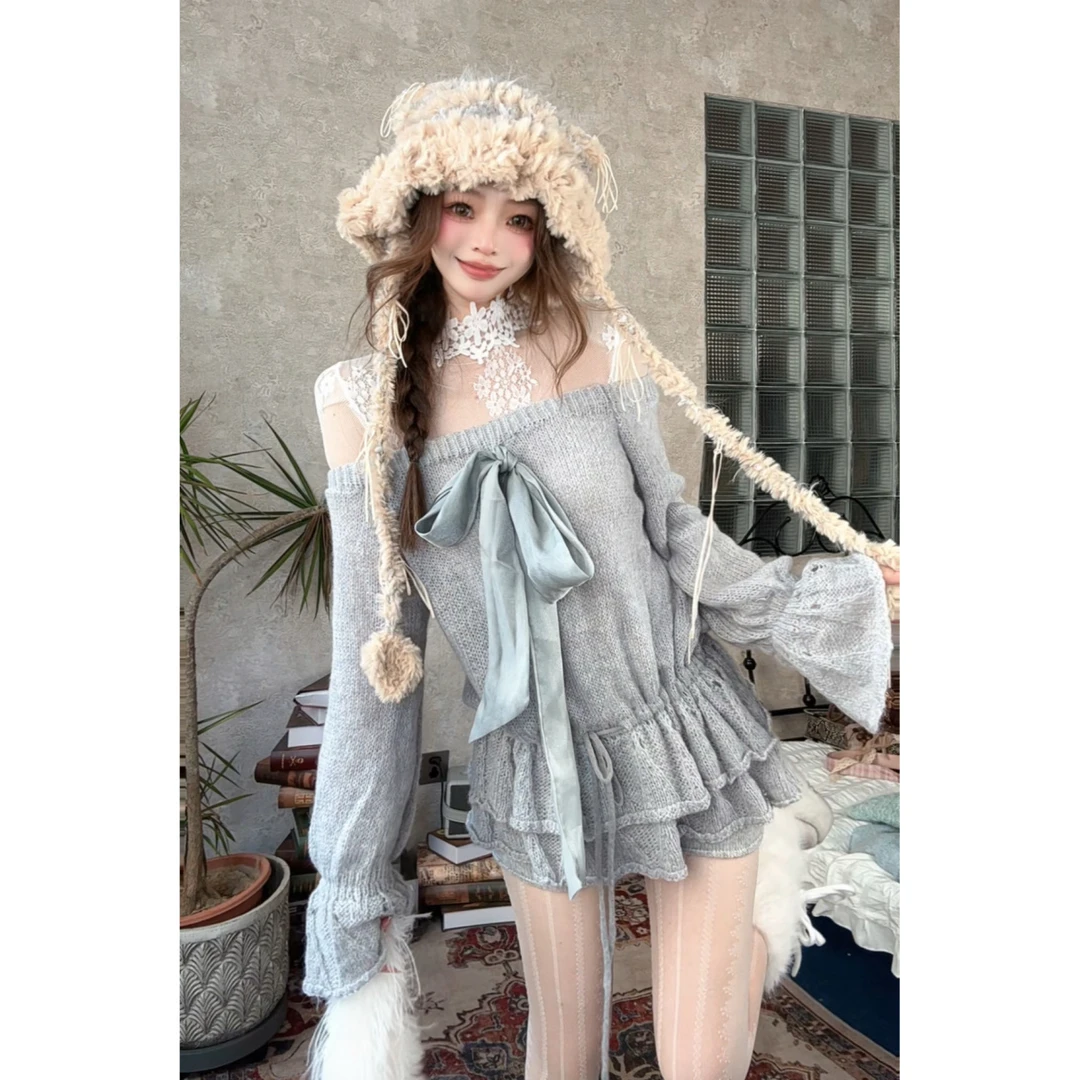 ｛一个人晚餐｝灰色蝴蝶结一字肩毛衣针织女秋冬款 显瘦百搭宽松型