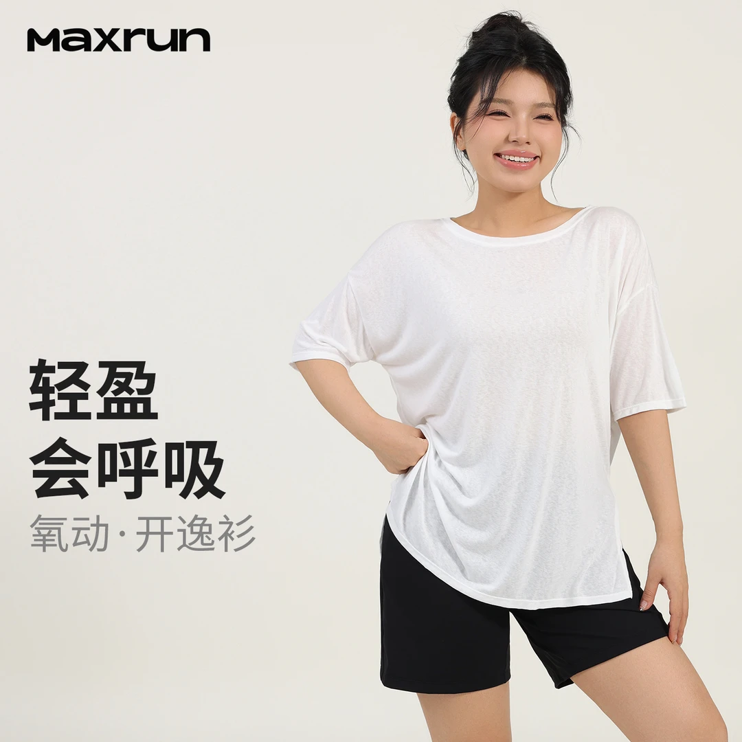 MaxRun夏季轻薄网纱短袖运动上衣宽松运动罩衫速干瑜伽健身服M53