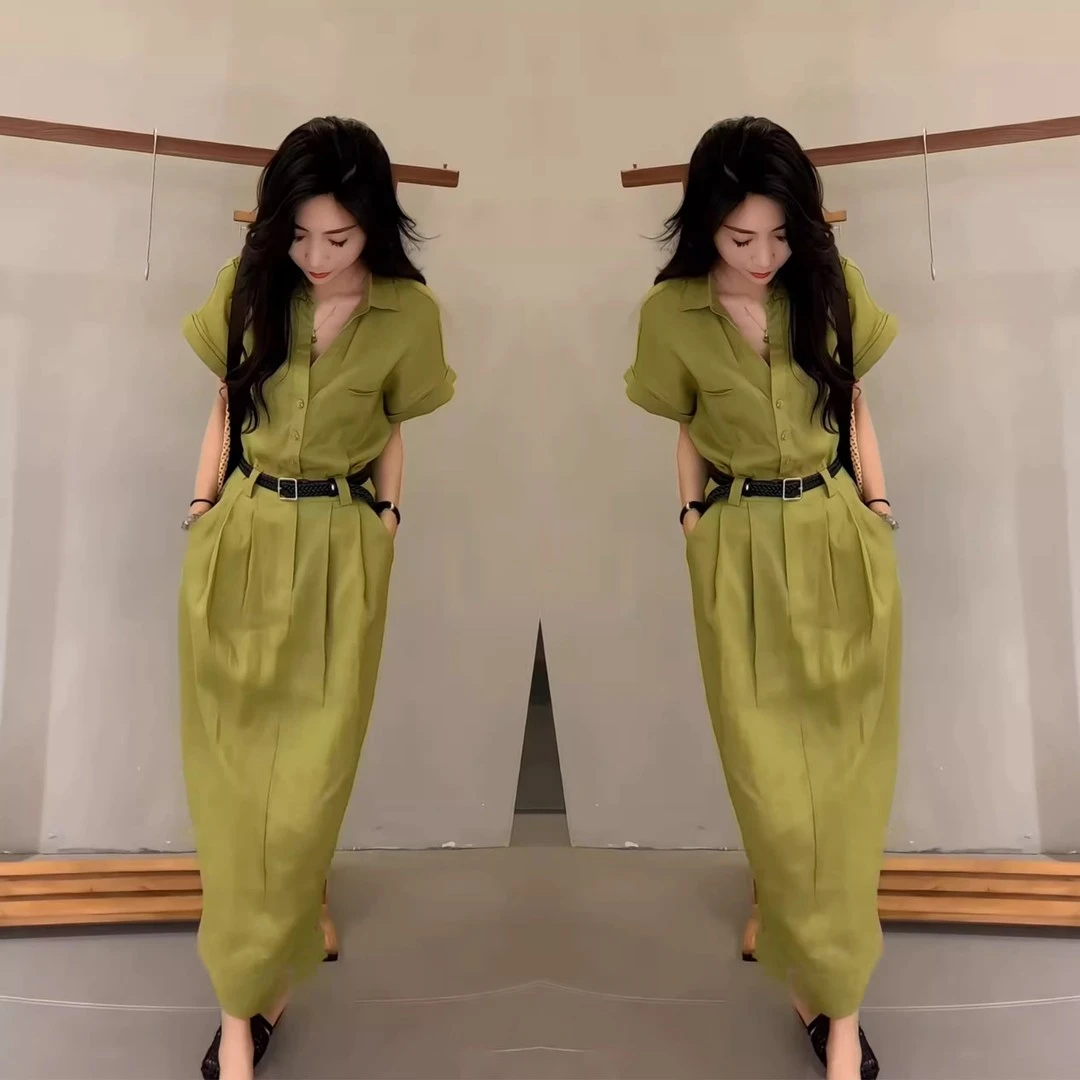 【送腰带】爆款夏季新款法式气质减龄女神范纯色收腰长款休闲连衣裙