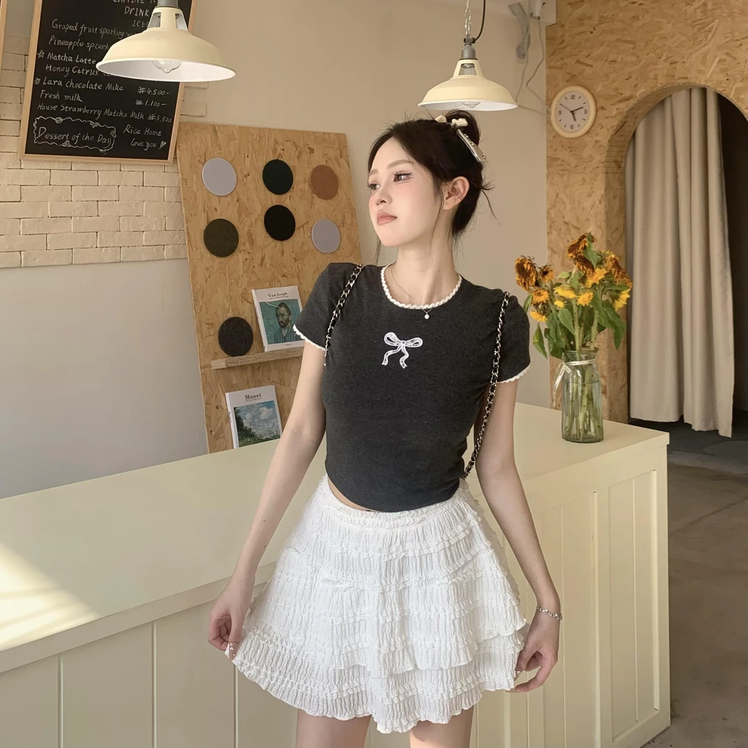 原创设计 甜美蝴蝶结短袖T恤女夏季辣妹修身短款绝美正肩上衣