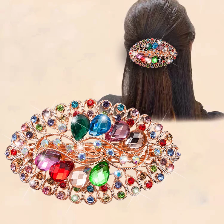 日韩横夹弹簧夹水晶花朵马尾发卡弹簧夹子新款水钻后脑勺洋气头饰