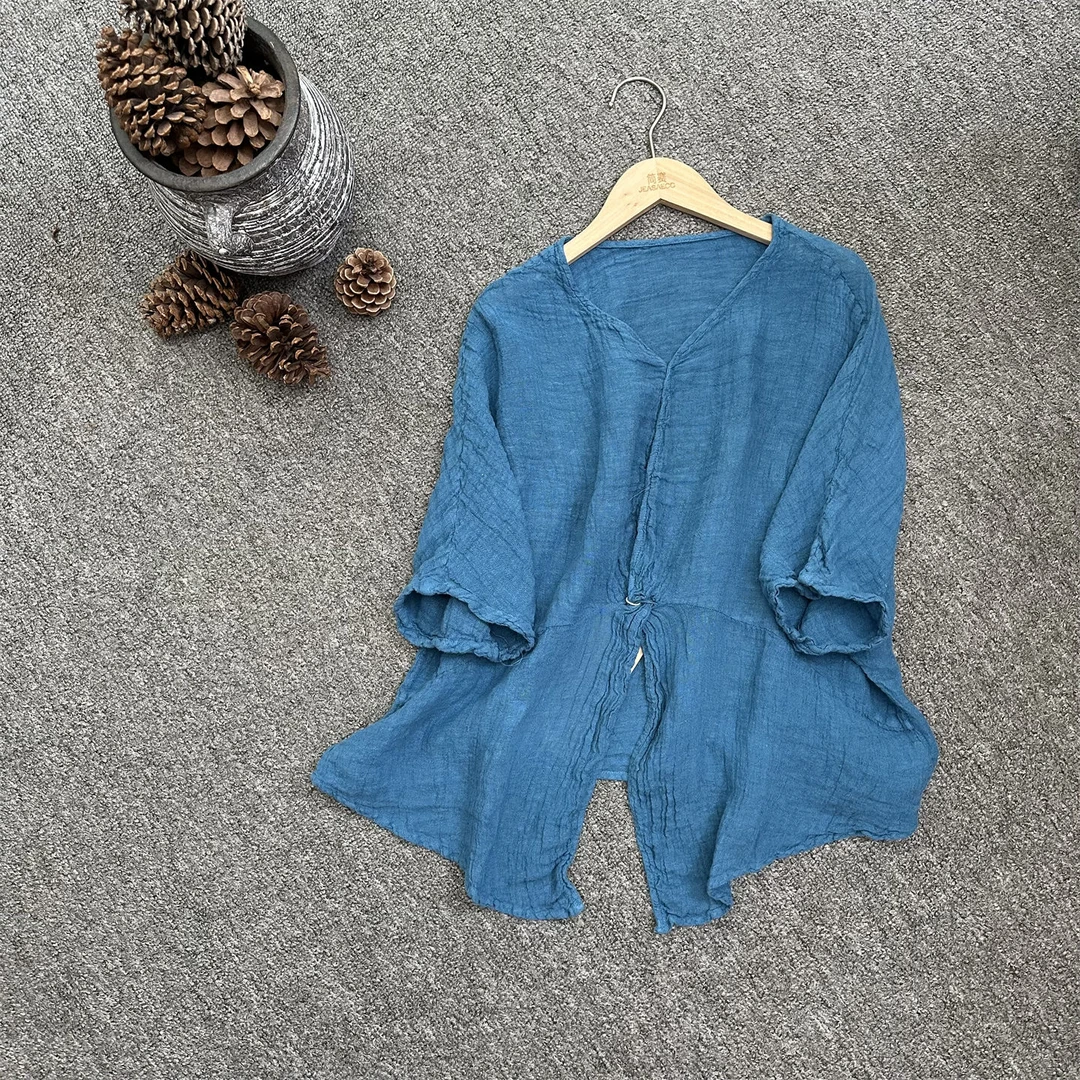 文艺亚麻皱麻百搭纯色捏褶V领上衣夏季新款宽松不规则下摆衬衫