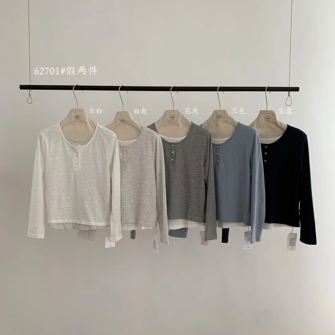 C/62701 韩系简约撞色假两件长袖T恤 9-10