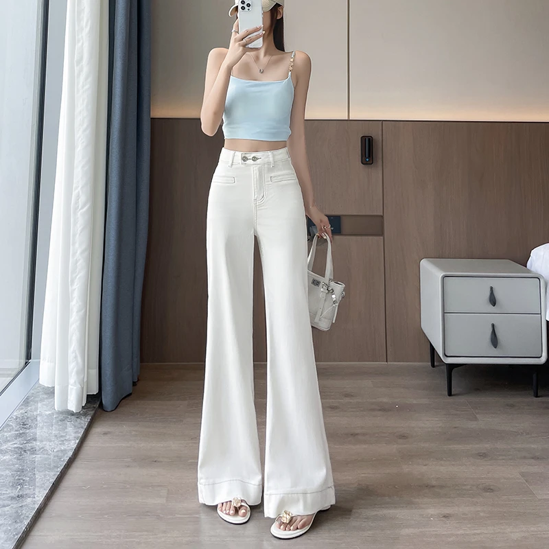 莱塞尔牛仔裤女夏季薄款高腰阔腿微喇裤女弹力宽松显瘦裤子9821