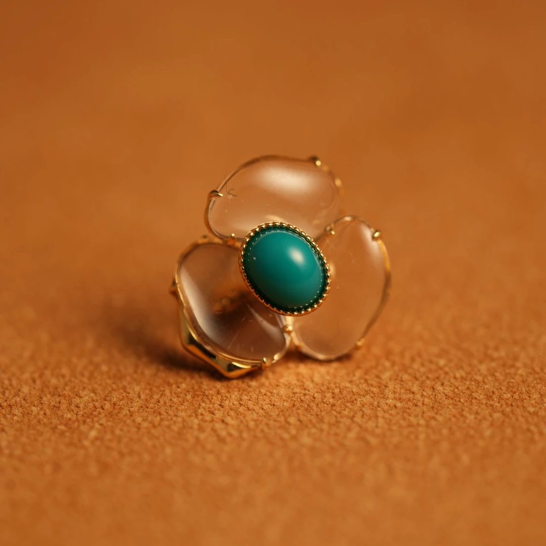 【见桃花珠宝】原矿高瓷绿松石透明立体花朵18K金diy配饰活动卡子