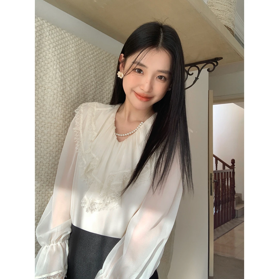 起范小衫休闲气质法式V领小众长袖衬衫高级感上衣女复古衬衣