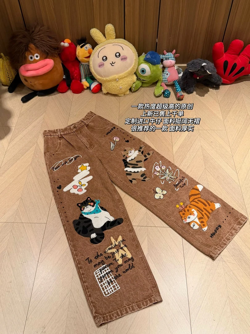 【毛圈小猫裤子-2157】R77新款原创刺绣设计百搭长裤男女同款-2157