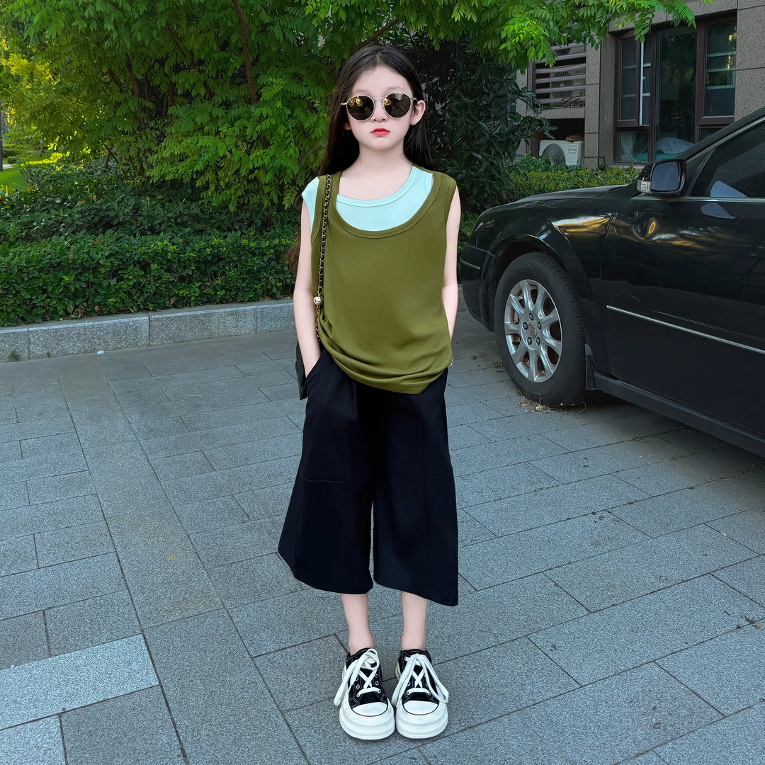 女童夏季2025新款休闲洋气时尚韩版假两件无袖上衣阔腿中裤套装潮