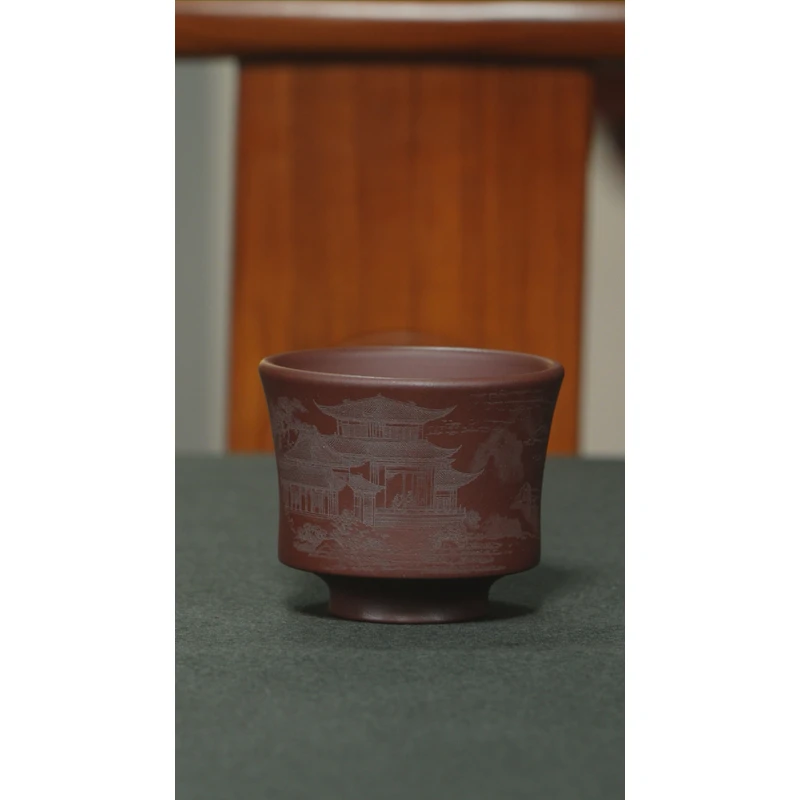 0075宜兴原矿龙血砂刻绘见山主人杯紫砂