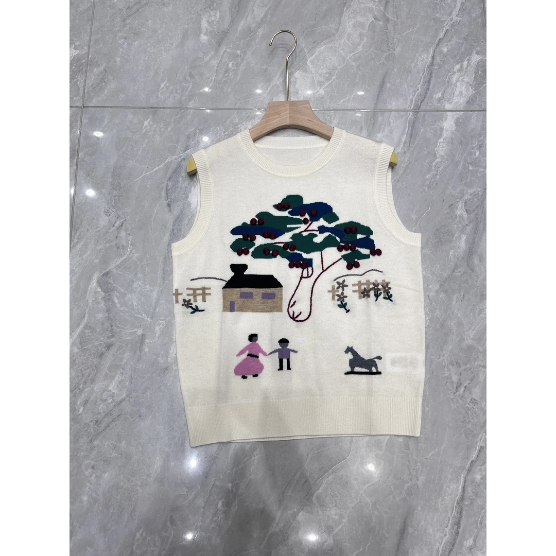 【小黑家】长59高端羊M手工线球童年记忆刺绣针织背心马甲