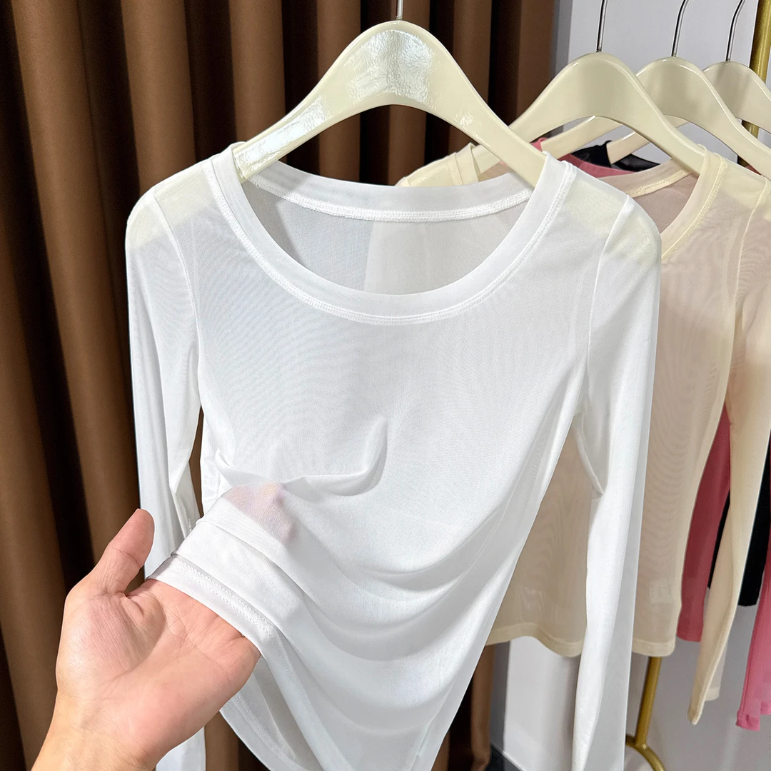 网纱打底衫上衣女薄纱冰丝长袖T恤大圆领修身内搭蕾丝洋气小衫