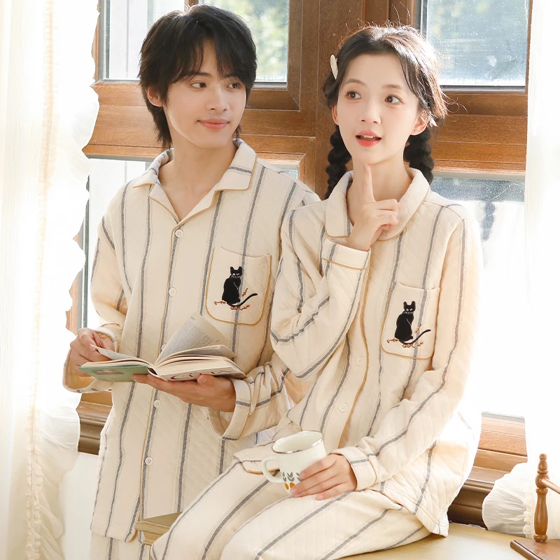 情侣秋冬厚款高级感空气层睡衣纯棉夹棉休闲宽松保暖男女家居服
