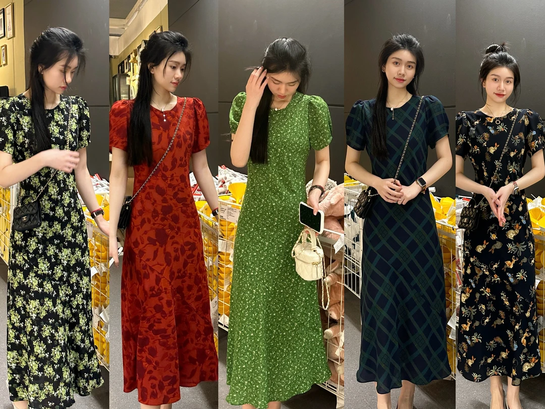【黑绿，红，绿，蓝格纹，黑】（有纽扣）优雅斜裁连衣裙显瘦法式碎花裙