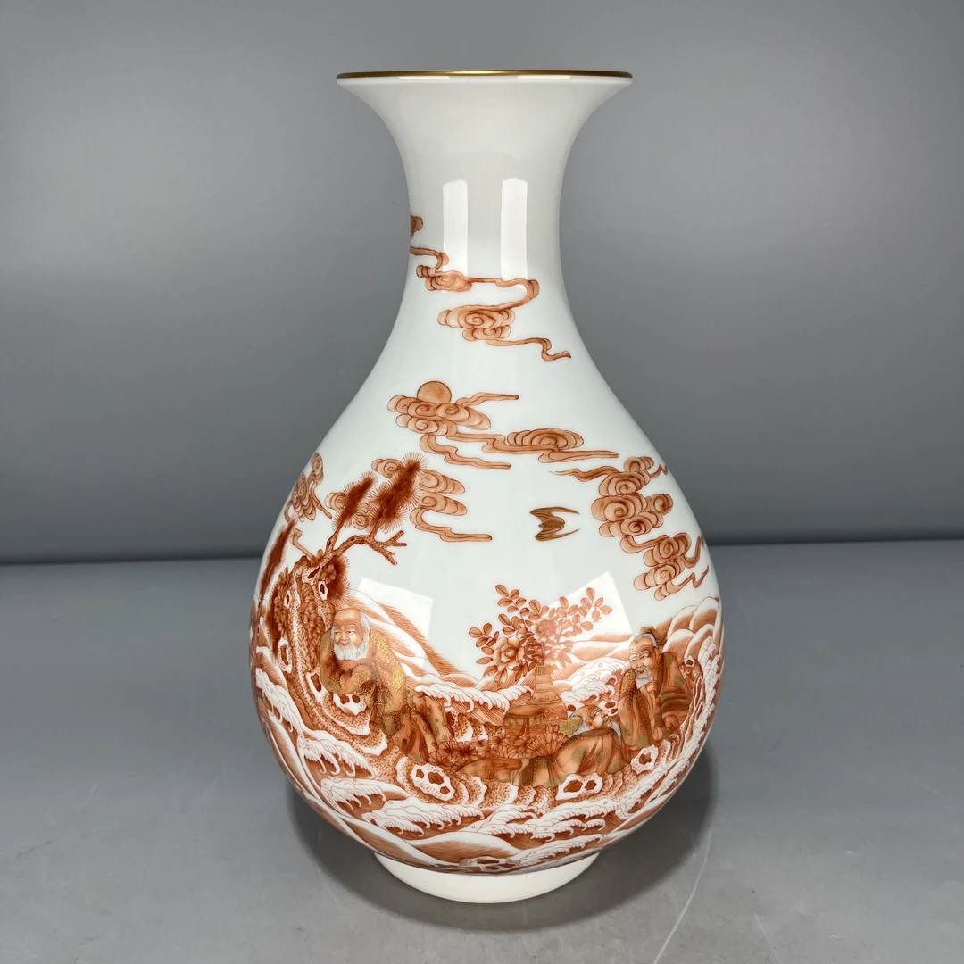 当代仿制 仿古大清雍正年制矾红描金海水五老人物题诗玉壶春瓶