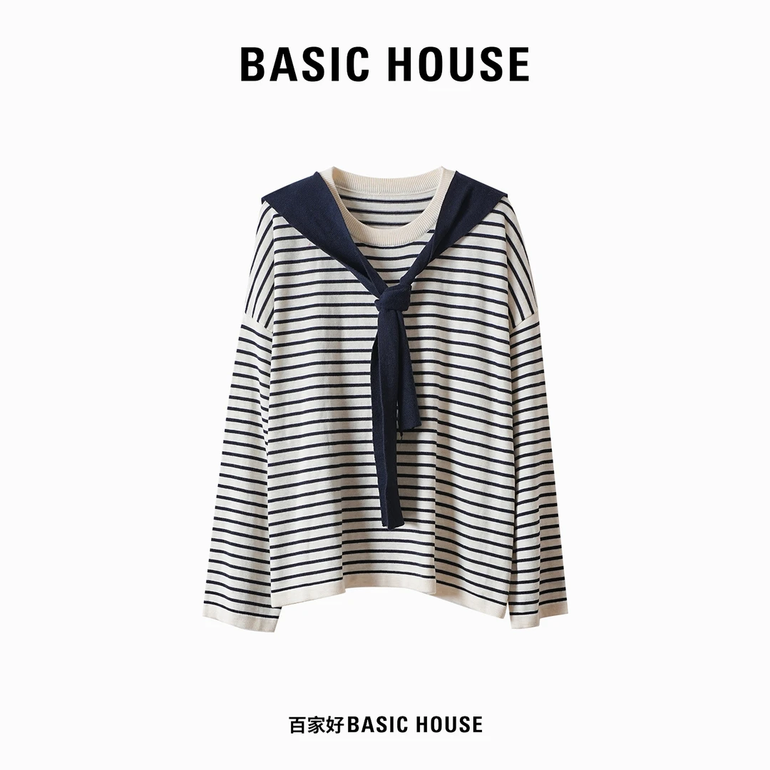 Basic House/百家好2024新款设计师款假两件条纹针织衫MM