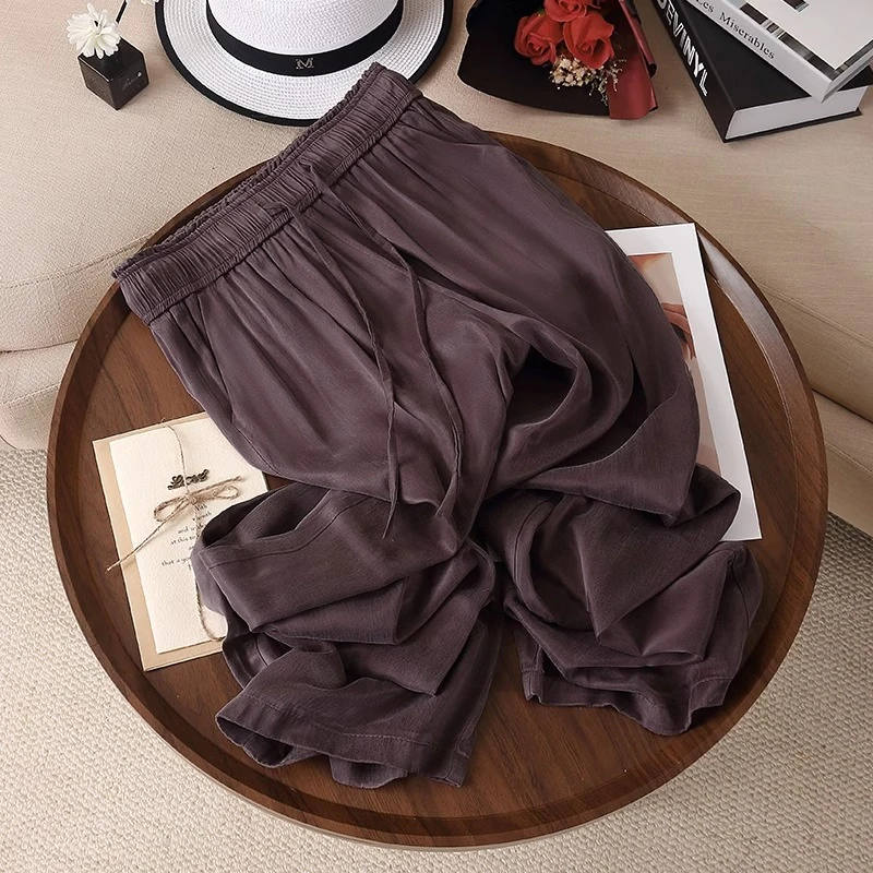 醋酸高腰阔腿裤女2025春夏季新款印花垂感显瘦新中式小个子直筒裤