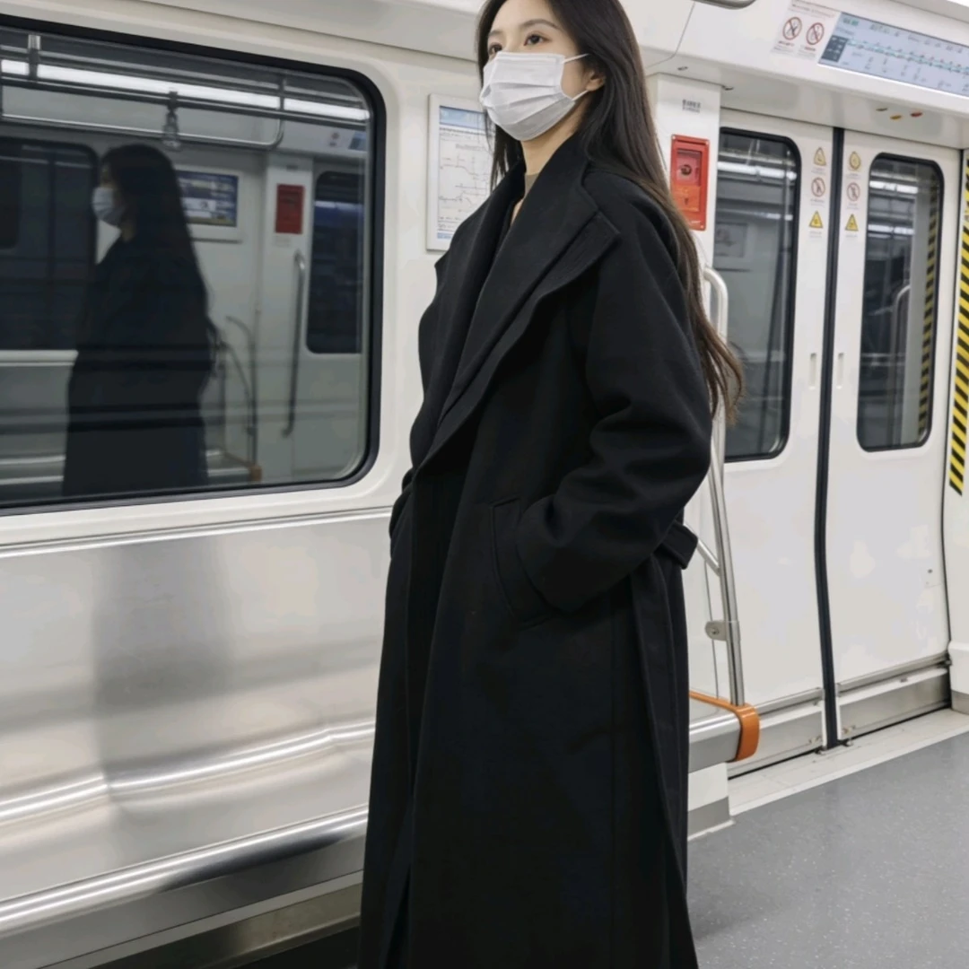 冬季新款大码610-2加绒加厚毛呢大衣韩系宽松过膝长款外套