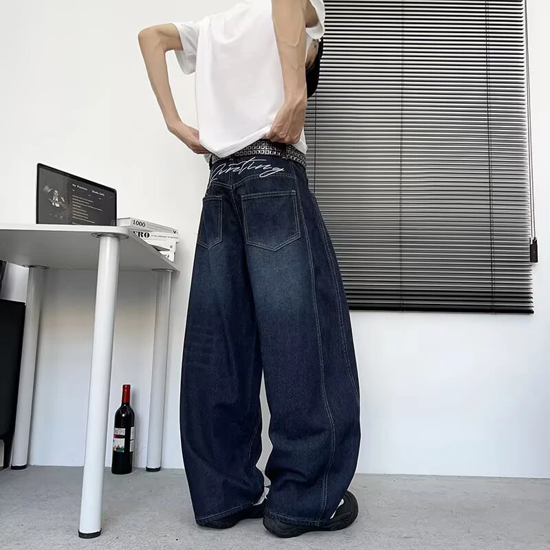 美式复古刺绣弯刀牛仔裤子男女夏季潮牌宽松直筒阔腿松弛感拖地裤