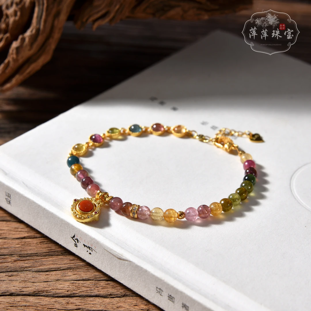 天然碧玺五彩【大黑天】925银手链百搭时尚