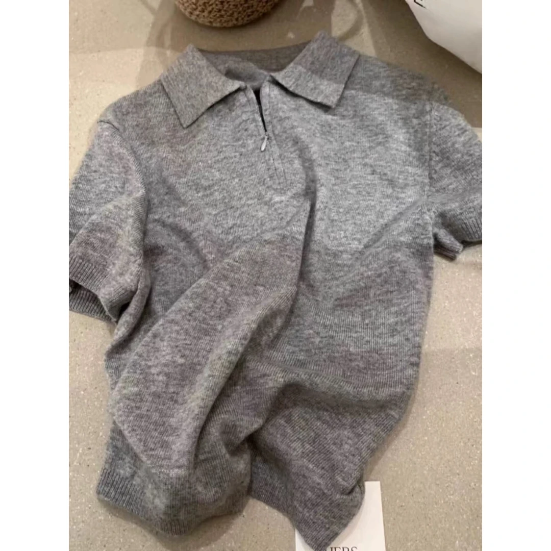 真心舒服！巨推荐！Polo领拉链针织衫正肩修身显瘦奶黄色上衣女夏季