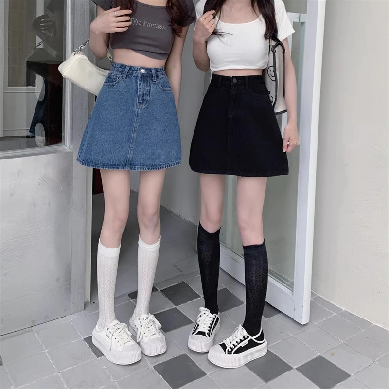 夏季新款胖MM大码复古港风蓝色牛仔裙子高腰显瘦A字短裙半身裙女