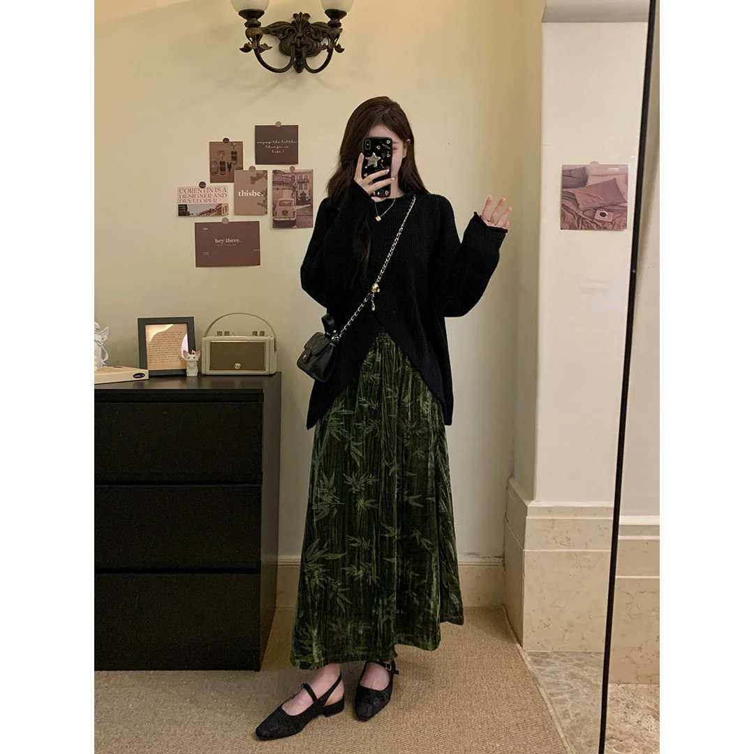 实拍大码女装复古新中式不规则宽松毛衣松紧腰暗纹提花丝绒半身裙