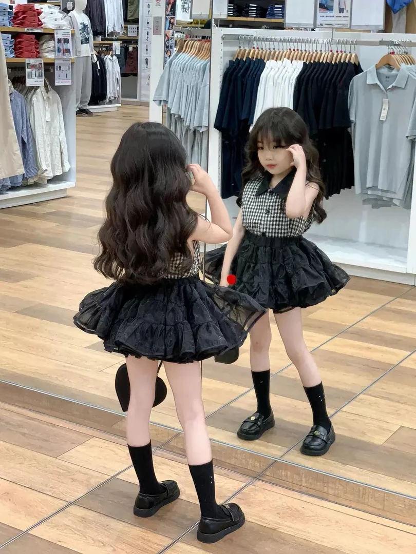 夏季新款女童气质小香格子背心上衣洋气 黑色半身蓬蓬裙tutu裙