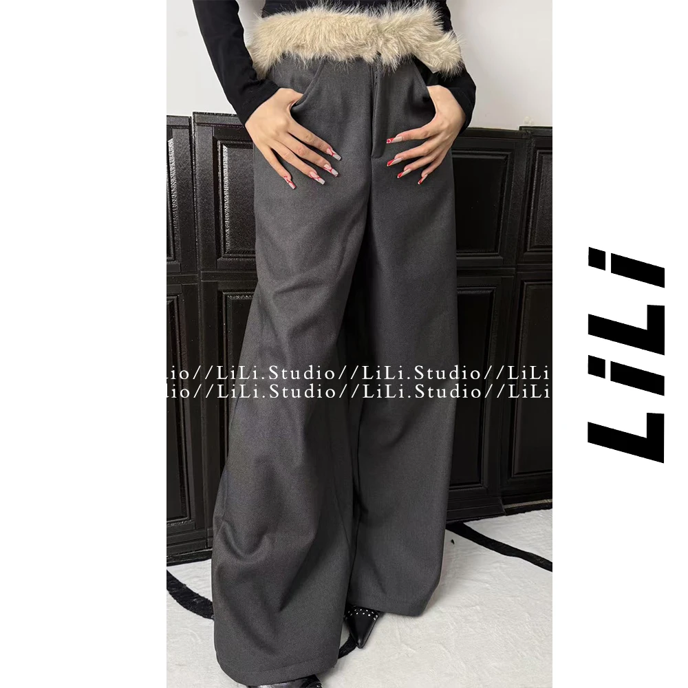 【李里家上新】设计感毛毛皮带高腰直筒休闲长裤宽松拖地阔腿裤